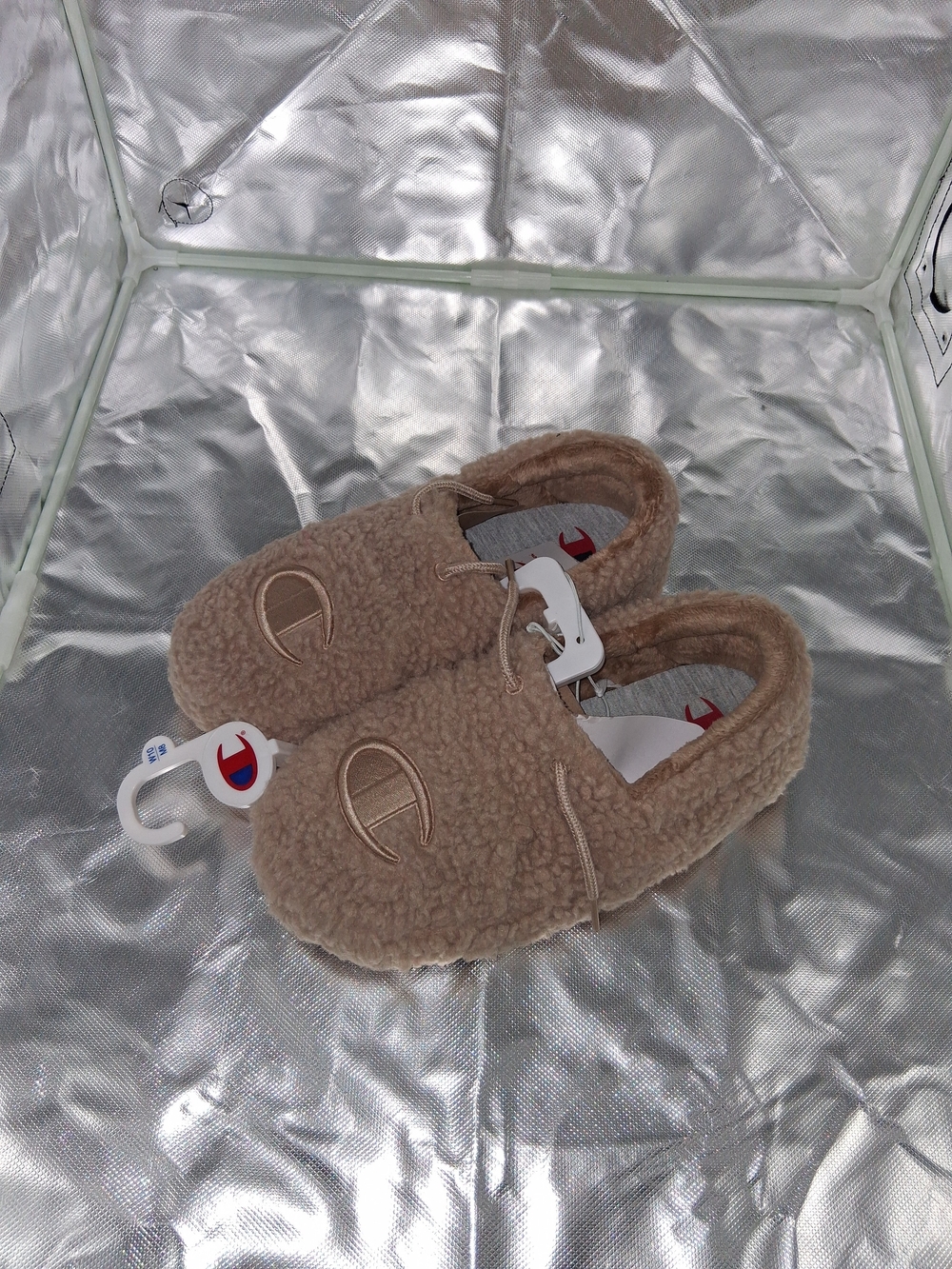 plush beige Champion Adult University Slippers